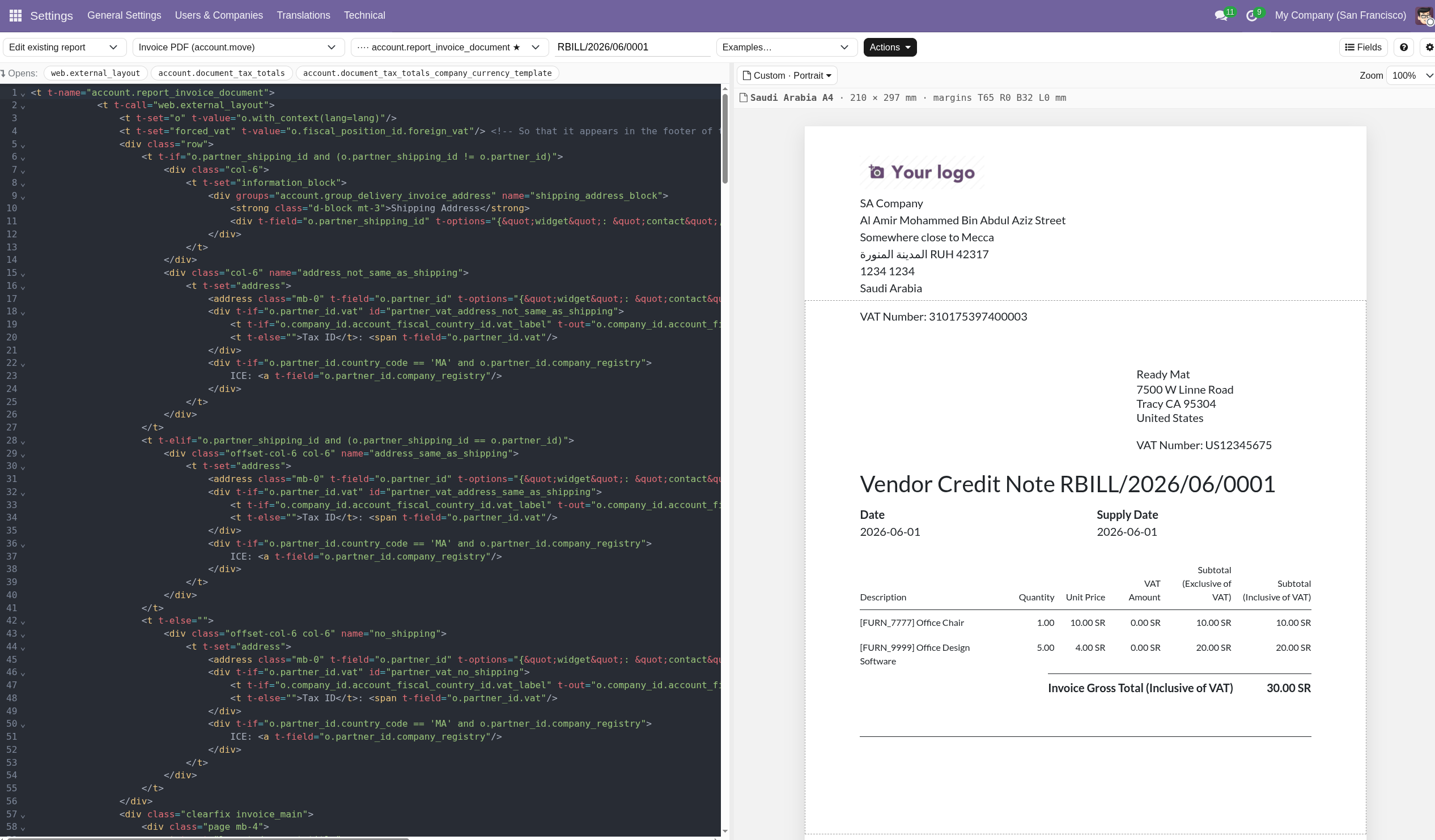 QWeb Live Editor split-pane interface: XML editor on the left, rendered report preview on the right.