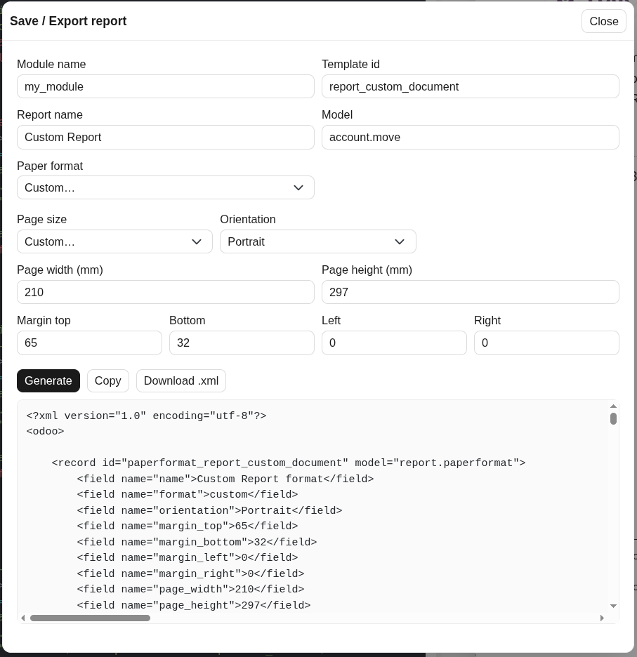 Export view producing an installable .xml file containing the template and paper format.