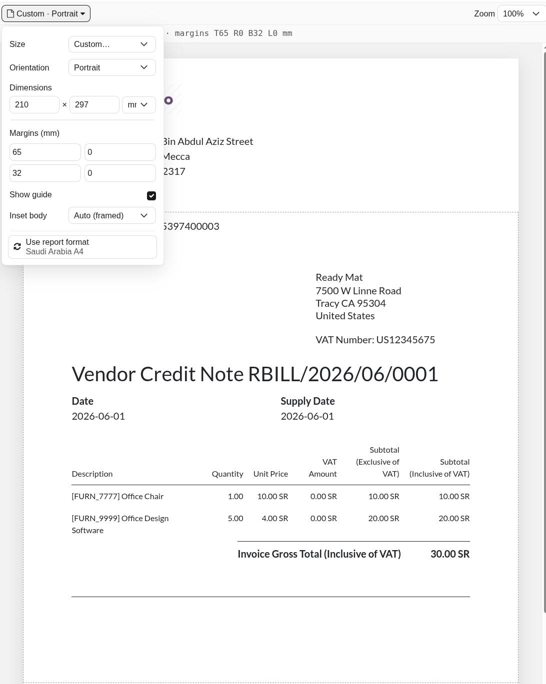 Page setup popup with size, orientation, custom dimensions and margins.